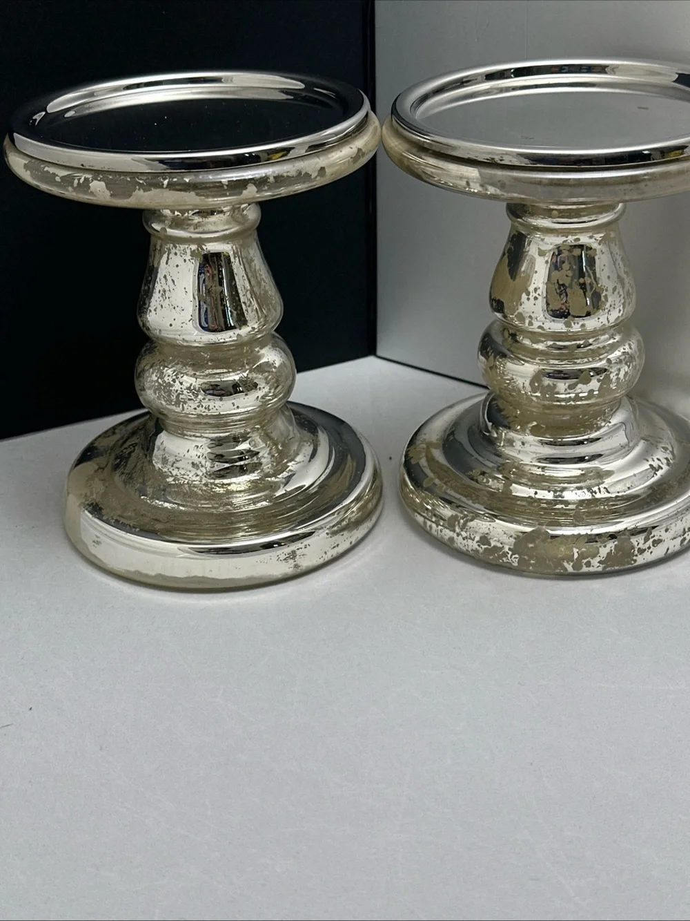 Pottery Barn Antiqued Silver Glass Candle Stands - Pair